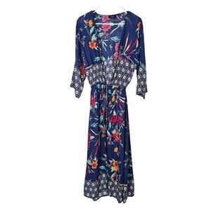 Janice Kimono Maxi Length One Size Mixed Print Drawstring Navy Beach Festival